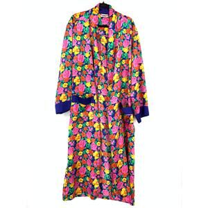 VTG Victoria's Secret Gold Label Robe Kimono L Navy Floral Print Satin *NO BELT